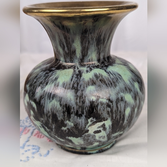 Vintage Mid-Century Fohr Keramic 320-0 Vase Turquoise Black Lava Glaze Gold Ger - Picture 3 of 9